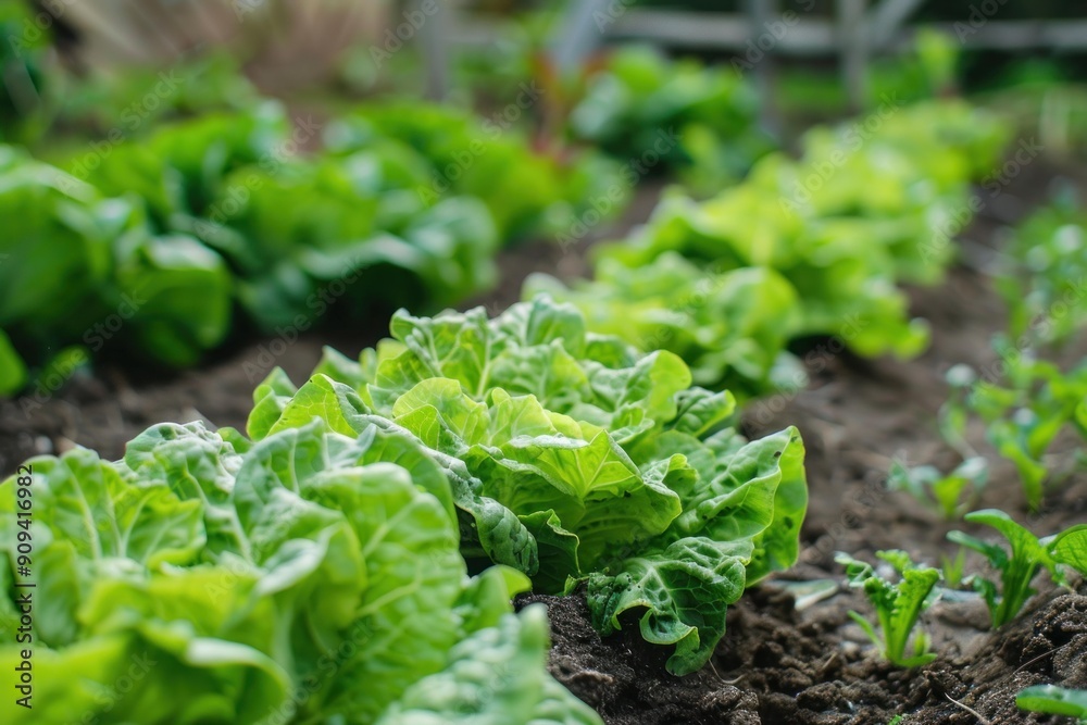 Rows of fresh green lettuce growing on fertile soil in a garden Rows of fresh green lettuce growing on fertile soil in a garden
