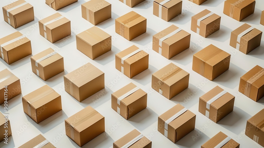 isometric array of cardboard boxes on stark white background varied sizes create interesting shadows and depth conveying ecommerce concept isometric array of cardboard boxes on stark white background varied sizes create interesting shadows and depth conveying ecommerce concept