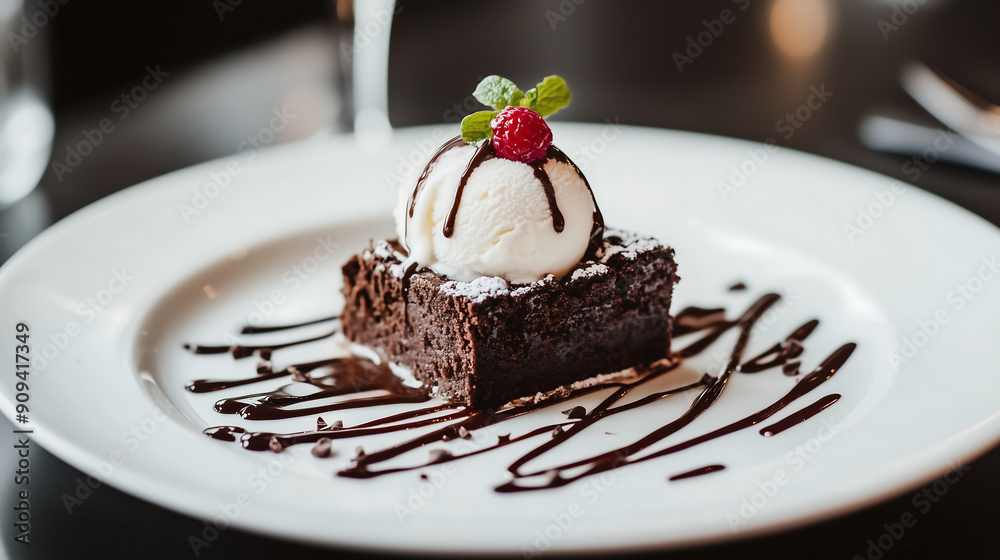 rich chocolate brownie with vanilla ice cream drizzled in fudge sauce on an elegant white plate rich chocolate brownie with vanilla ice cream drizzled in fudge sauce on an elegant white plate