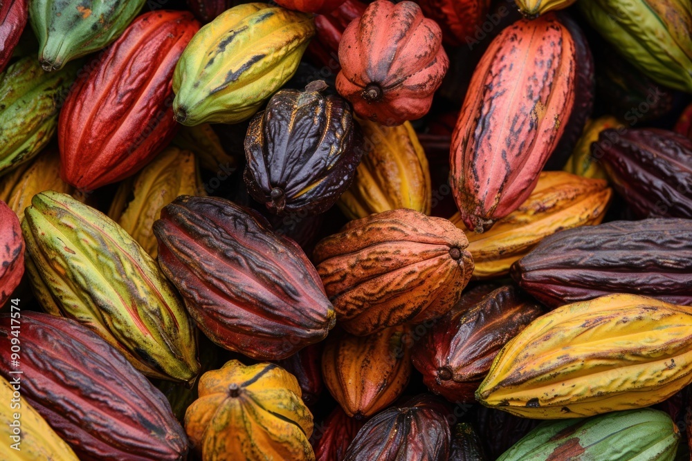 Colorful freshly harvested cocoa fruit pods in a pile forming a food background Colorful freshly harvested cocoa fruit pods in a pile forming a food background