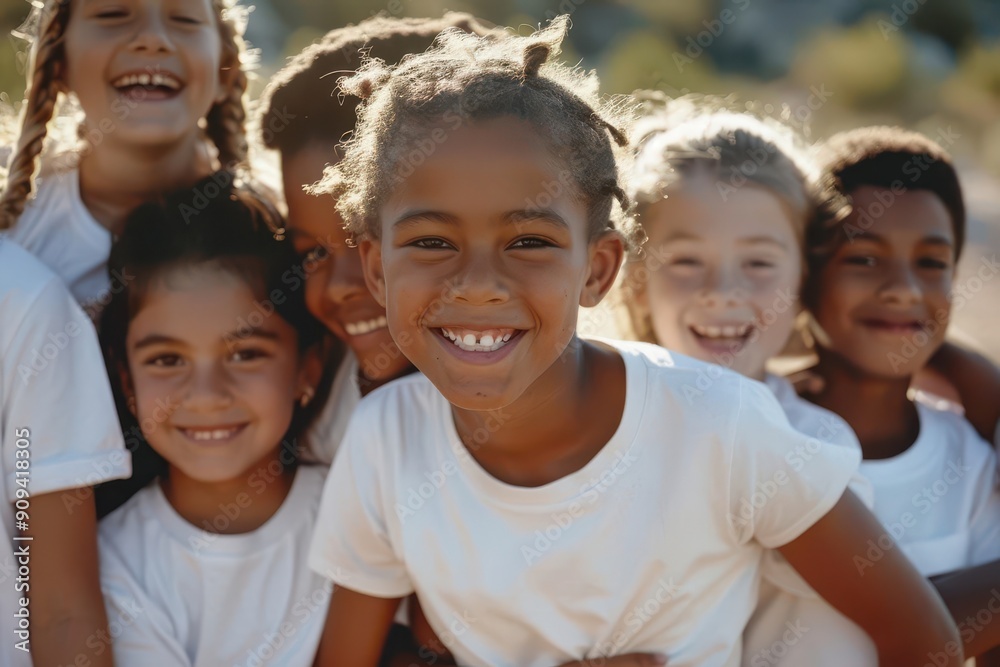 heartwarming scene of diverse young children in white tshirts embracing and smiling embodying innocence and unity heartwarming scene of diverse young children in white tshirts embracing and smiling embodying innocence and unity