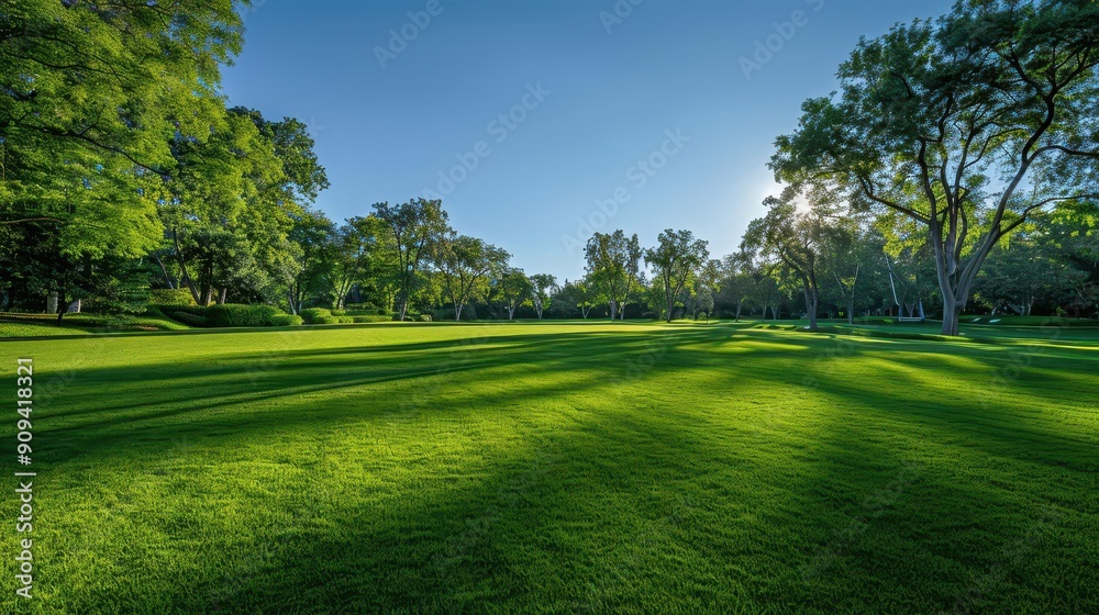 lush green lawn stretching to horizon scattered trees casting shadows clear blue sky serene nature scene lush green lawn stretching to horizon scattered trees casting shadows clear blue sky serene nature scene