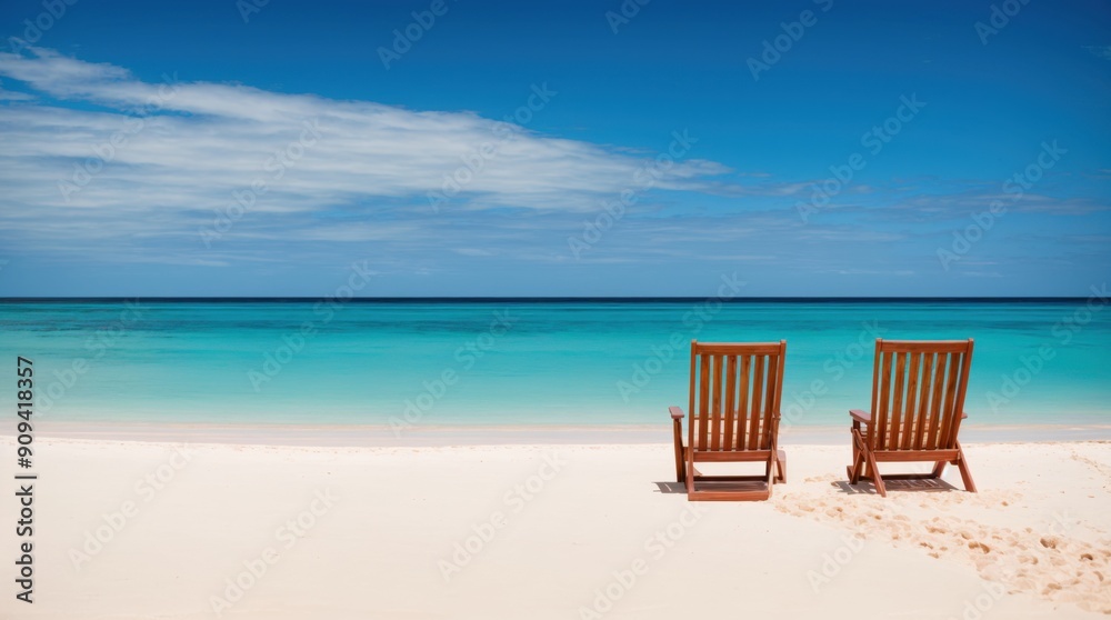 Beach serenity two wooden chairs by tranquil blue waters Beach serenity two wooden chairs by tranquil blue waters