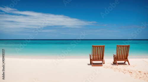 Beach serenity two wooden chairs by tranquil blue waters 