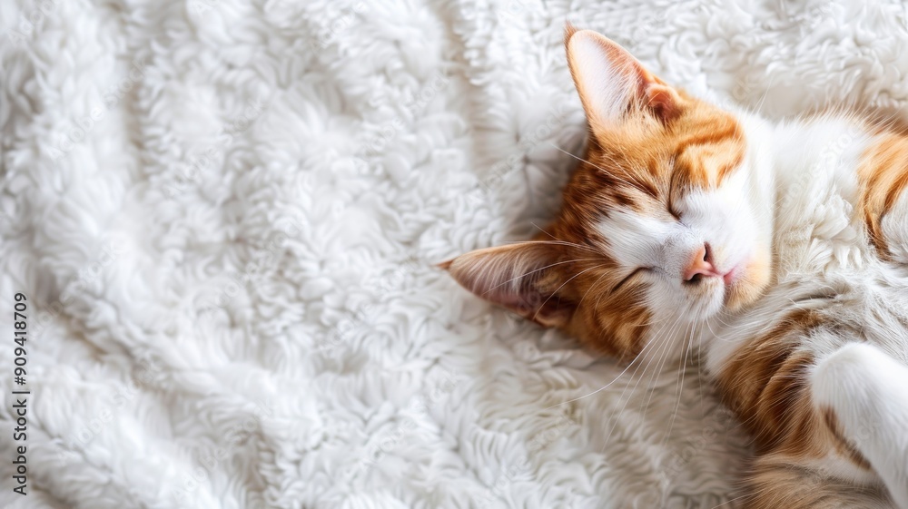 Orange and white cat sleeping on fluffy blanket Orange and white cat sleeping on fluffy blanket