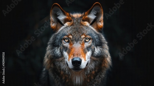 majestic adult wolf portrait on deep black background piercing eyes and detailed fur texture create a powerful primal image of wilderness and strength