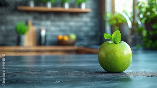 green apple fruit on a minimalist blurred kitchen counter backdrop. Ideal for healthy eating and weight loss and fitness management projects. Food background for product mockup and text. 