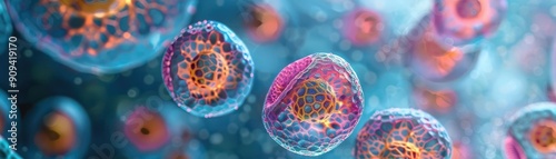 Production of gametes in plant cells, detailed view of meiosis, illustrating the formation of pollen, technology tone, Tetradic color scheme, copy space for text, photo