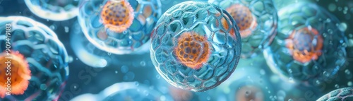 Production of gametes in plant cells, detailed view of meiosis, illustrating the formation of pollen, technology tone, Tetradic color scheme, copy space for text,