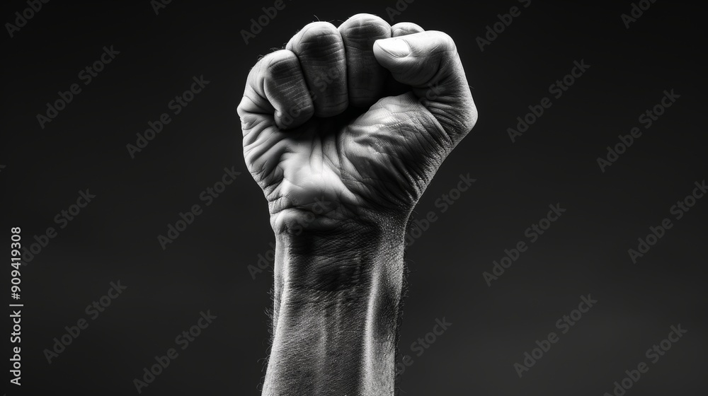Black and white close-up of clenched fist raised in air, symbolizing rebellion, strength, and resistance, with dramatic lighting emphasizing details of skin and veins against dark background