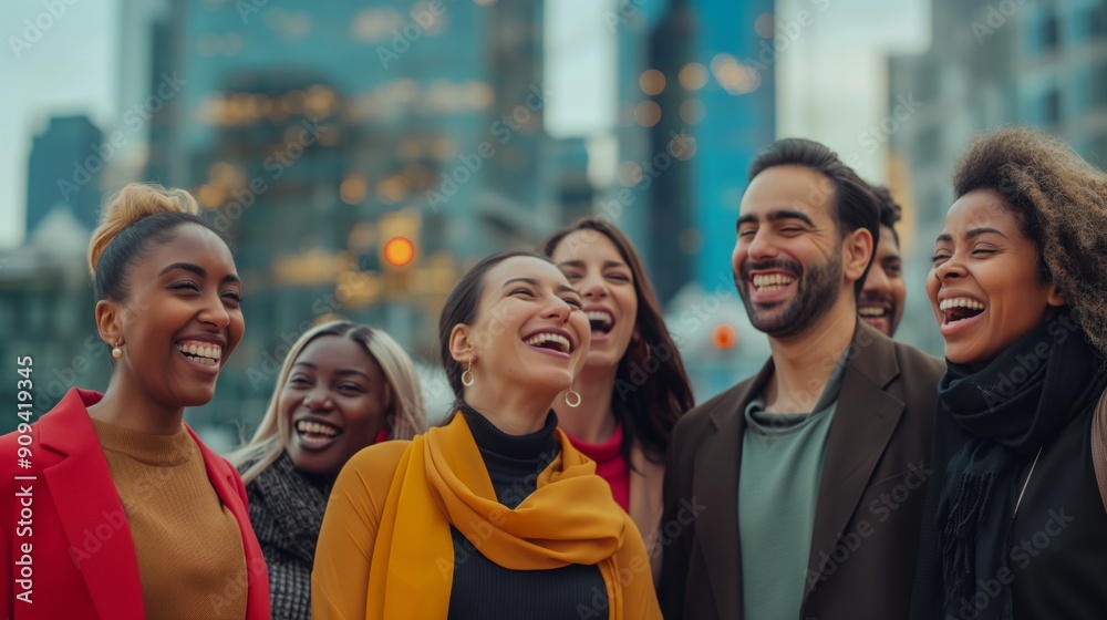A diverse group of young adults from various backgrounds and ethnicities smiling and laughing in an urban cityscape, symbolizing unity and inclusivity in business growth and health insurance A diverse group of young adults from various backgrounds and ethnicities smiling and laughing in an urban cityscape, symbolizing unity and inclusivity in business growth and health insurance