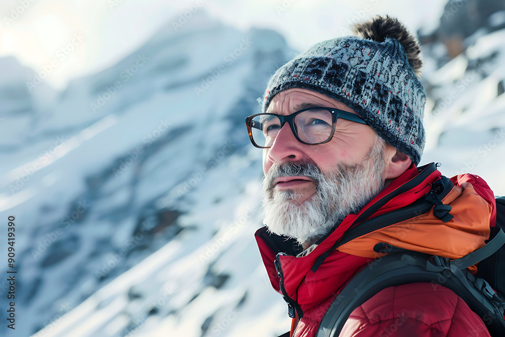 person mountain winter tourism lifestyle, active hiking in cold snowy weather	
