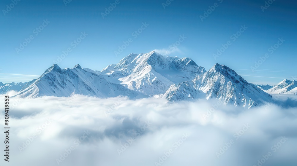 majestic snowcapped mountain range piercing through a sea of clouds panoramic view captures the grandeur of nature crisp winter air and untouched wilderness evoke a sense of awe and adventure majestic snowcapped mountain range piercing through a sea of clouds panoramic view captures the grandeur of nature crisp winter air and untouched wilderness evoke a sense of awe and adventure