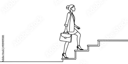 business and education concept. Woman climbing stairs continuous one line drawing.