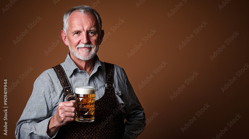 studio portrait of an older gentleman dressed in traditional Lederhosen, holding a mug of beer, oktoberfest celebration studio portrait of an older gentleman dressed in traditional Lederhosen, holding a mug of beer, oktoberfest celebration