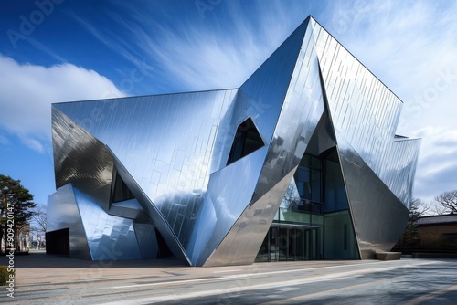 A large building with a lot of windows and a shiny silver exterior photo