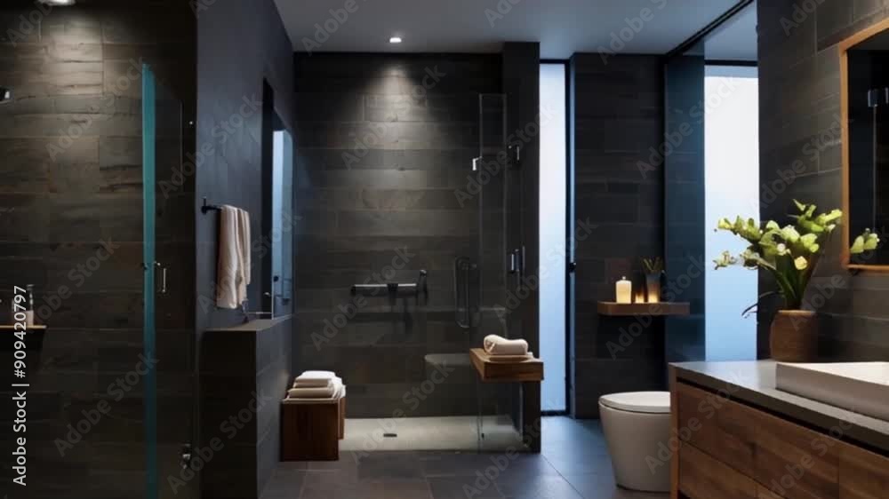 Start at the entrance of a luxurious spa bathroom and move towards a freestanding soaking tub. Show the large slate tile walls, the details of the frameless glass shower, and the smart mirrors Start at the entrance of a luxurious spa bathroom and move towards a freestanding soaking tub. Show the large slate tile walls, the details of the frameless glass shower, and the smart mirrors