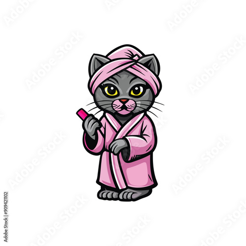 A gray cat wearing a pink bathrobe and holding a pink towel.