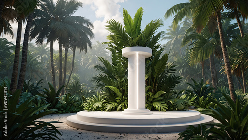 White cylindrical podium in a lush tropical setting. photo