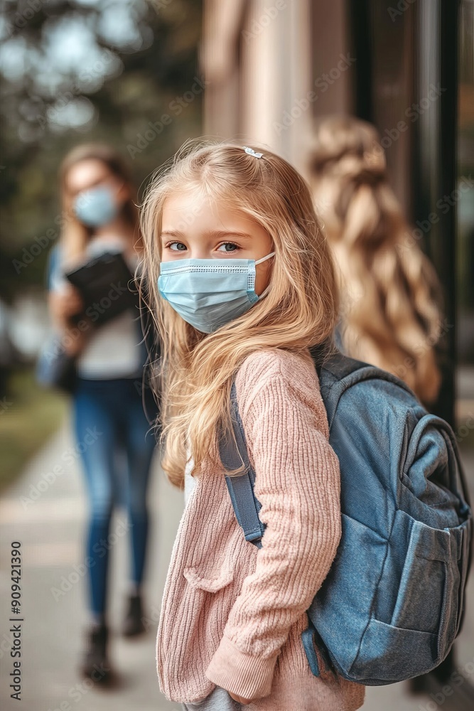 Fototapeta premium Cute Blonde Girl Wearing a Protective Mask Being Taken to School by her Mom: a Babysitter