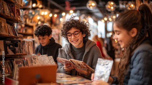 teens collecting vinyl records in a records shop