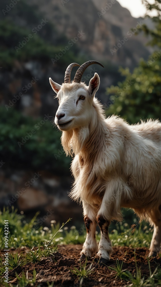 Obraz premium goat on nature scene background with copy space backdrop portrait