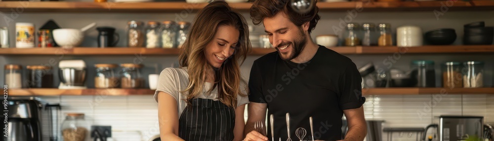 Young couple making their mark, unpacking kitchen utensils, focus on organization, selective focus, eclectic style, dynamic, composite, compact condo backdrop Young couple making their mark, unpacking kitchen utensils, focus on organization, selective focus, eclectic style, dynamic, composite, compact condo backdrop