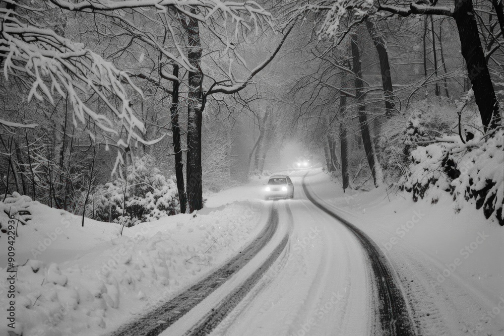 Car is driving on a snowy winding road in a forest in the winter