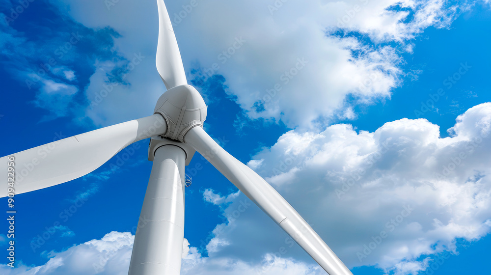 Close-up of spinning white metal wind turbine modern wind mill against a clouds and blue sky background, for sustainable, renewable electricity production.green energy, renewable power. Close-up of spinning white metal wind turbine modern wind mill against a clouds and blue sky background, for sustainable, renewable electricity production.green energy, renewable power.