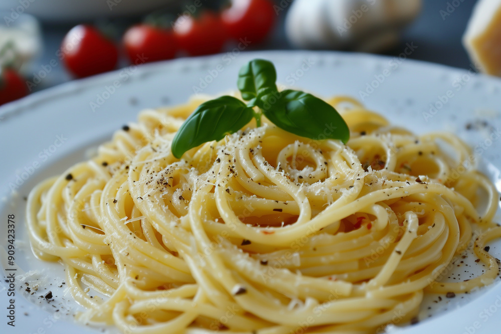 Plate of spaghetti pasta with grated cheese and basil leaves on top. Plate of spaghetti pasta with grated cheese and basil leaves on top.
