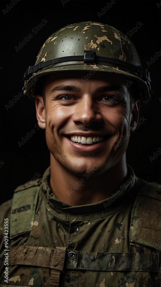 smiling soldier on plain black background with copy space backdrop portrait smiling soldier on plain black background with copy space backdrop portrait