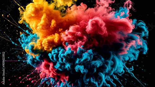 abstract explosion of colorful smoke in shades of yellow, pink, blue, and turquoise, swirling and blending together with a darkbackground.