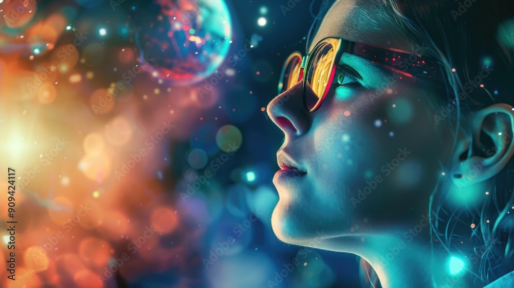 Young woman with glasses looking at illuminated orb in dreamlike, colorful setting Young woman with glasses looking at illuminated orb in dreamlike, colorful setting