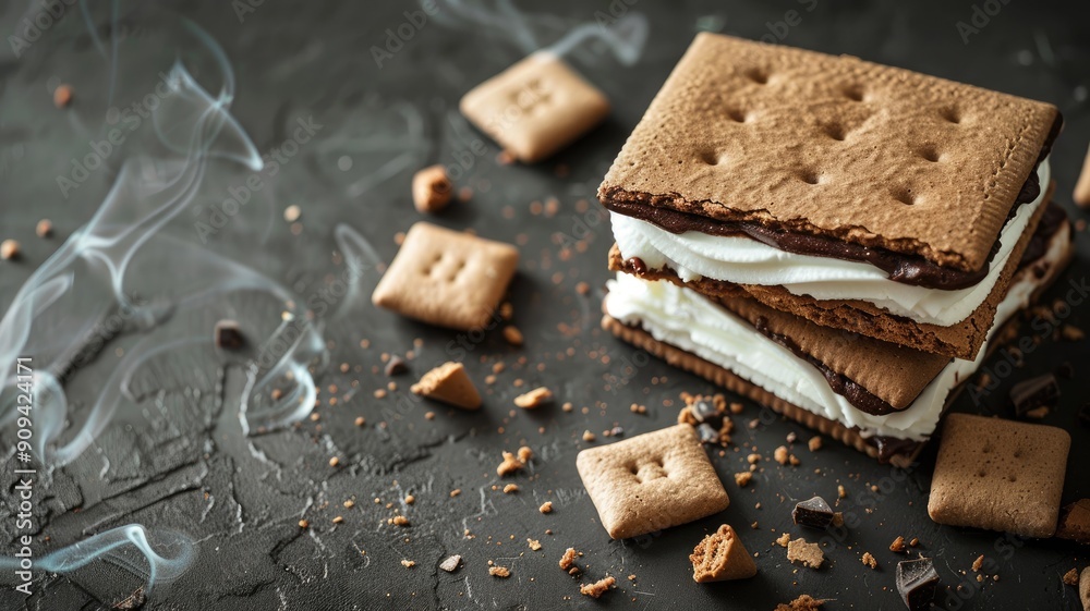 Melted chocolate and marshmallow between graham cracker squares on textured surface Melted chocolate and marshmallow between graham cracker squares on textured surface