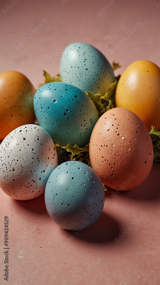 eggs leaves on plain colorful pastel background abstract ad concept copy space