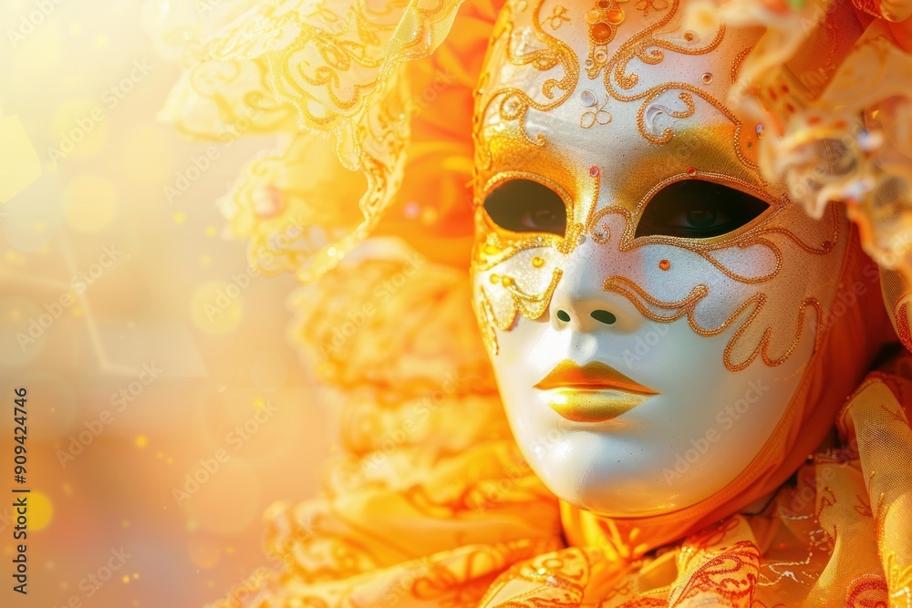 Φωτογραφία Person is posing in a golden costume and mask at the venice carnival, celebratin