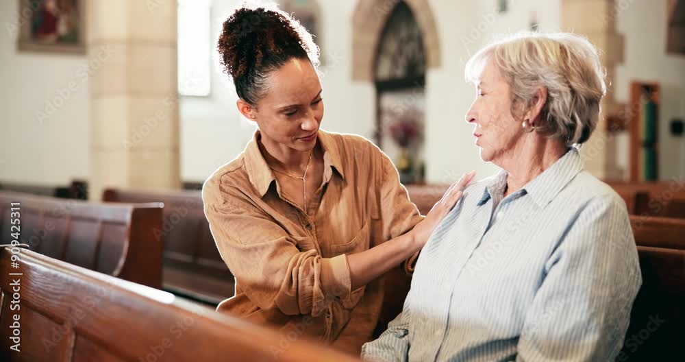 Hand, care and people with conversation in church for spiritual healing, belief and understanding. Chapel, Christian and senior woman with support in loss for grief comfort, compassion and guidance Hand, care and people with conversation in church for spiritual healing, belief and understanding. Chapel, Christian and senior woman with support in loss for grief comfort, compassion and guidance