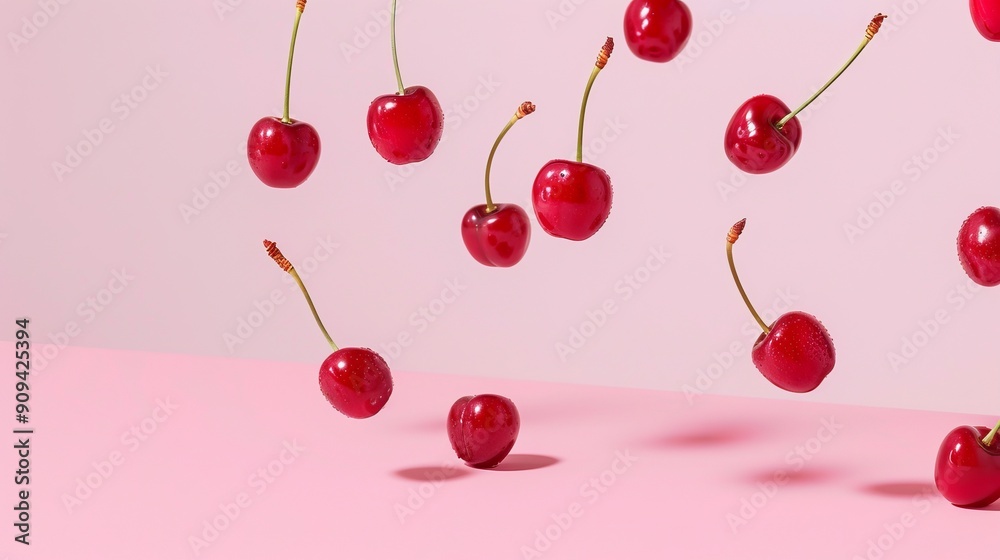 A surreal scene with cherries floating in the air, casting shadows on a pastel pink background, evoking a sense of whimsy and dream