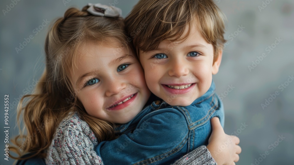Young boy and girl with light skin blue eyes embrace smile happily Young boy and girl with light skin blue eyes embrace smile happily