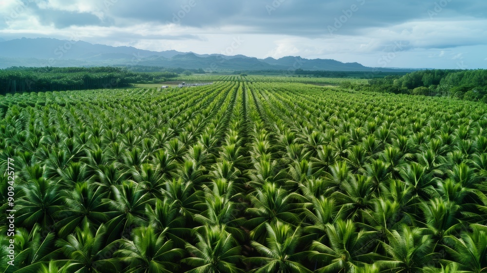 Aerial view of a coconut farm, rows of lush coconut palms, with a small village visible in the distance