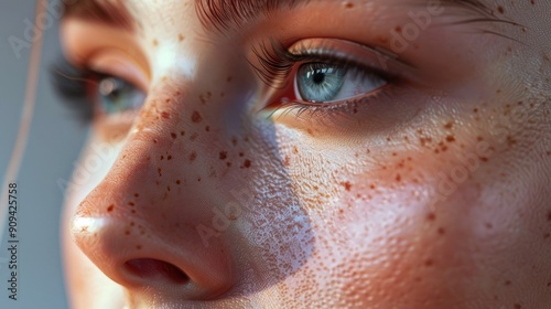 3D close-up of a woman's face, focusing on her perfectly shaped nose and natural beauty with this inviting photo.