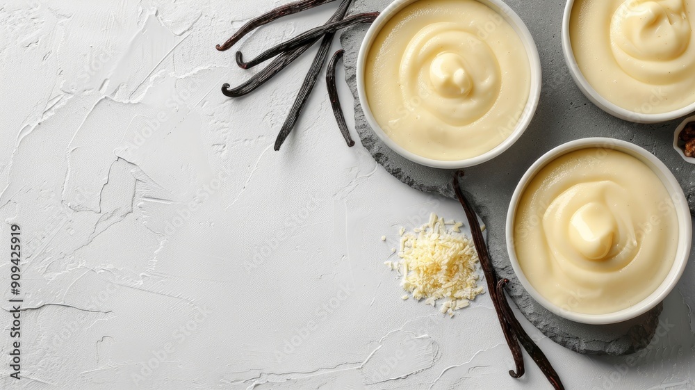 Three bowls of vanilla pudding with beans and grated white chocolate on gray surface Three bowls of vanilla pudding with beans and grated white chocolate on gray surface