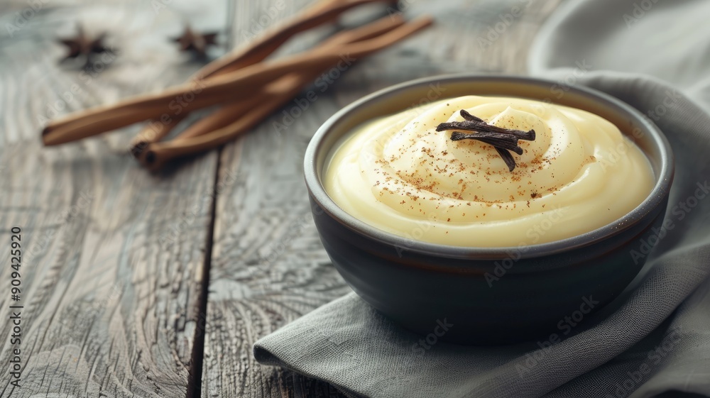 Creamy vanilla custard sprinkled with cinnamon and cloves in rustic bowl Creamy vanilla custard sprinkled with cinnamon and cloves in rustic bowl