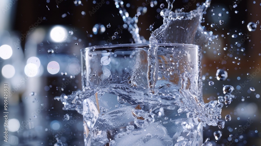3D close-up of water splashing into a glass, capturing the vibrant motion and crystal-clear water with this inviting photo. 3D close-up of water splashing into a glass, capturing the vibrant motion and crystal-clear water with this inviting photo.