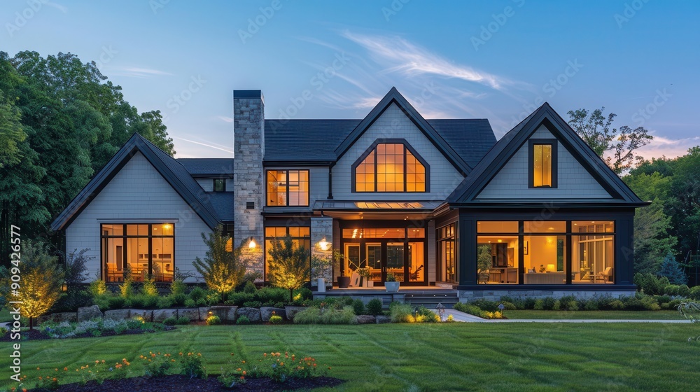 modern farmhouse exterior at twilight warm glowing windows contrast with deep blue sky architectural details highlighted manicured landscaping in foreground modern farmhouse exterior at twilight warm glowing windows contrast with deep blue sky architectural details highlighted manicured landscaping in foreground