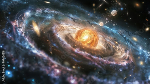 Design an aweinspiring galaxy scene with nucleosynthesis and atom creation, side view, emphasizing cosmic element formation, Scifi tone, colored pastel, copy space for text, photo