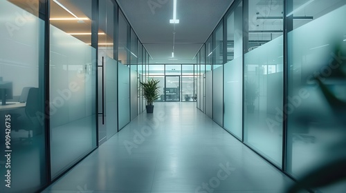 modern office interior bathed in soft focus light sleek glass partitions and minimalist furniture creating an atmosphere of productivity and innovation