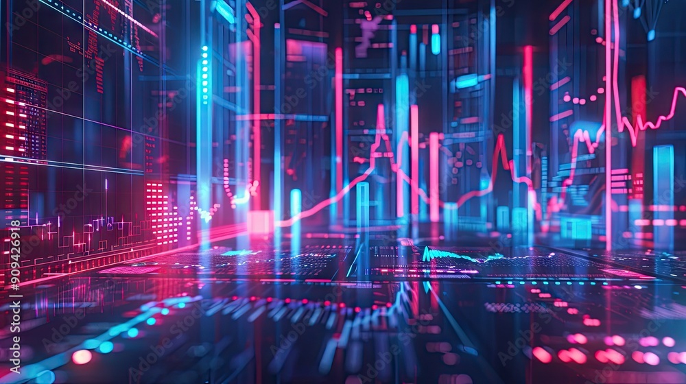 3D rendering of financial growth symbols and charts in a futuristic setting with glowing effects with this inviting photo. 3D rendering of financial growth symbols and charts in a futuristic setting with glowing effects with this inviting photo.