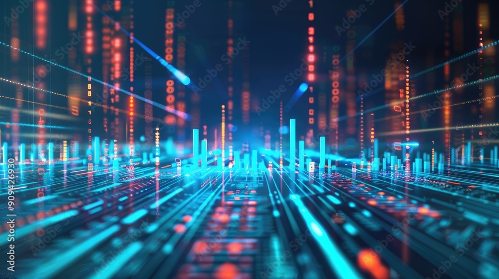 3D rendering of financial symbols and charts with data points and digital lines on a blue background with this inviting photo. 3D rendering of financial symbols and charts with data points and digital lines on a blue background with this inviting photo.