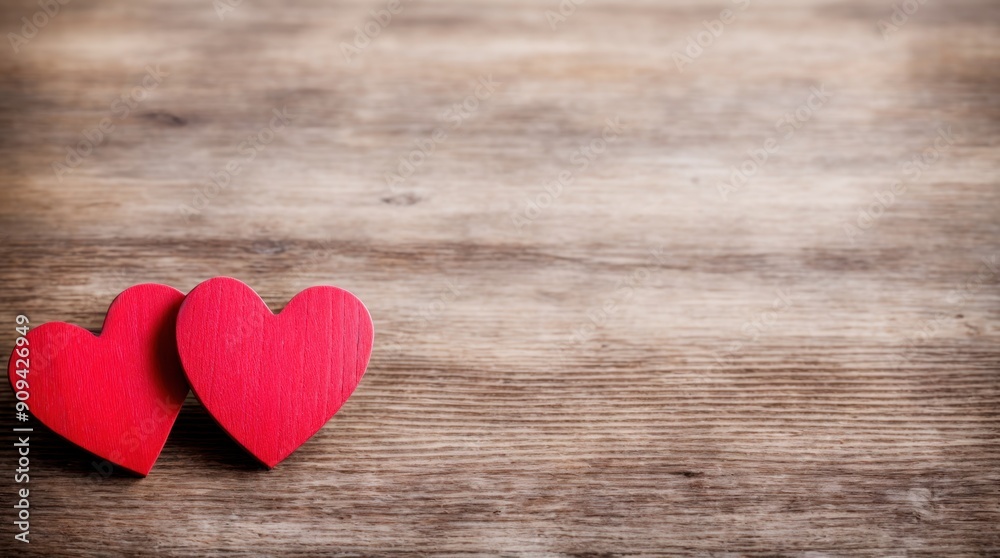 Dual vibrant wooden hearts set on textured wood surface amid blurry background Dual vibrant wooden hearts set on textured wood surface amid blurry background
